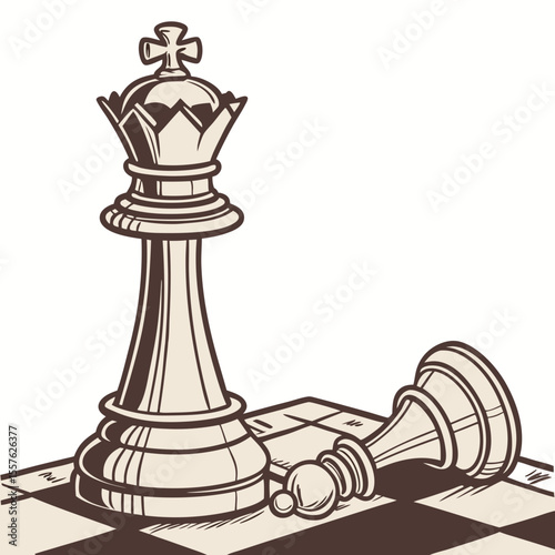 Classic Beige and Brown Wooden Queen Chess Piece Standing Over Fallen Pawn on Checkerboard vector