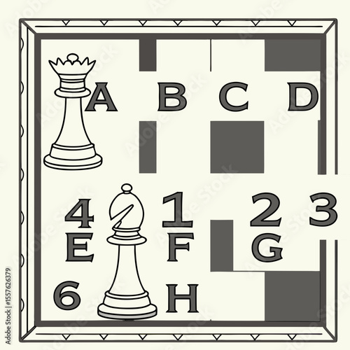 Chessboard Coordinate System Vector Illustration Black and White Queen Bishop Alphabetical Numerical Labels