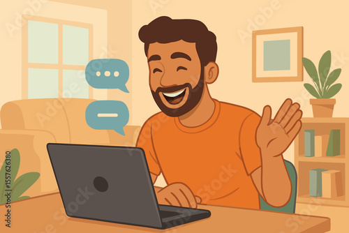 Friendly man waving hand during online video chat at home, remote communication, virtual meeting, digital conversation, casual workspace, laptop, cozy living room, cartoon vector illustration