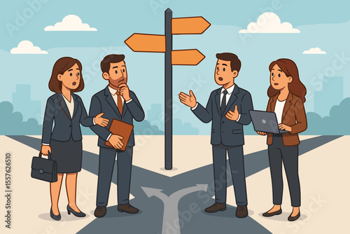 Business team at a crossroads discussing future strategy. Metaphor for decision-making, choice, and opportunity. Corporate group choosing a path. Cartoon vector illustration.