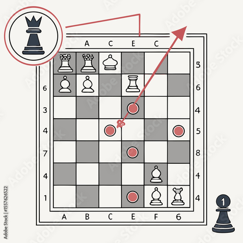 Gray and White Chessboard Tactical Puzzle Notation Diagram Showing Queen Movement Path Red Arrow Indicating Capture