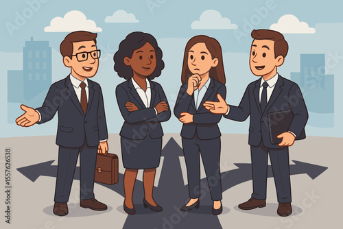 Diverse business team at a crossroads discussing future strategy and making a choice. Corporate metaphor for decision making, direction, opportunity, and teamwork. Vector cartoon.