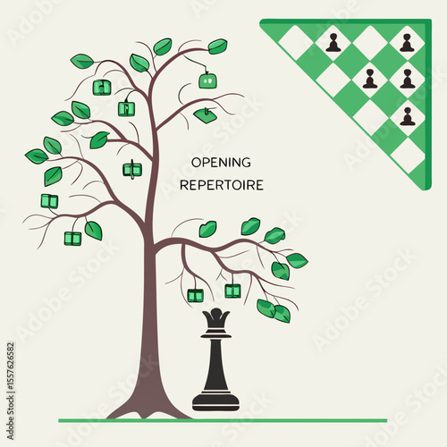 Green Chess Opening Repertoire Tree Illustration with Black Queen Piece and Partial Chessboard vector