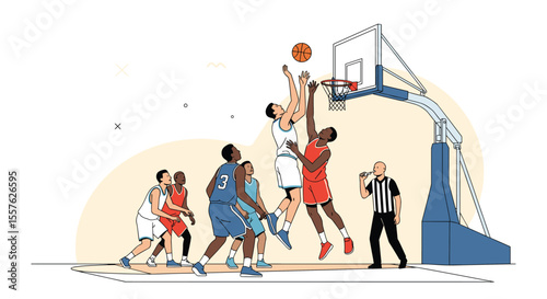 Dynamic Basketball Players Compete for the Winning Shot Under the Hoop