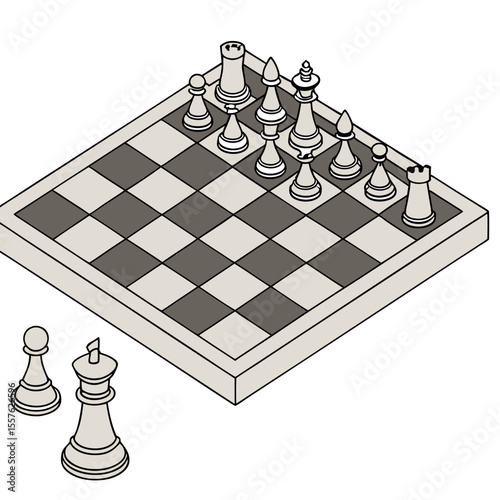 Isometric Illustration of a Chessboard Showing a Game in Progress with Light Gray and Dark Gray Squares and Light Gray Chess Pieces Two Additional Pieces are Situated