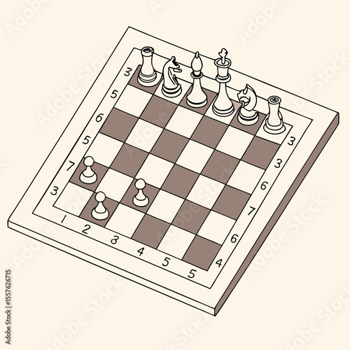 Isometric View of an Empty Brown and Beige Chessboard with Several White Chess Pieces Strategically Placed