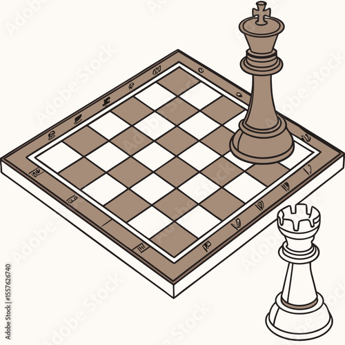 Isometric View of Classic Brown and White Wooden Chessboard with King and Rook Pieces game