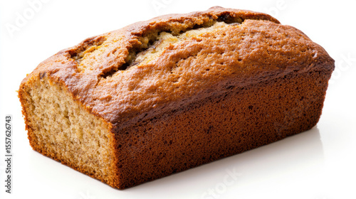 Freshly baked loaf of banana bread with a moist texture, isolated on a white background. 