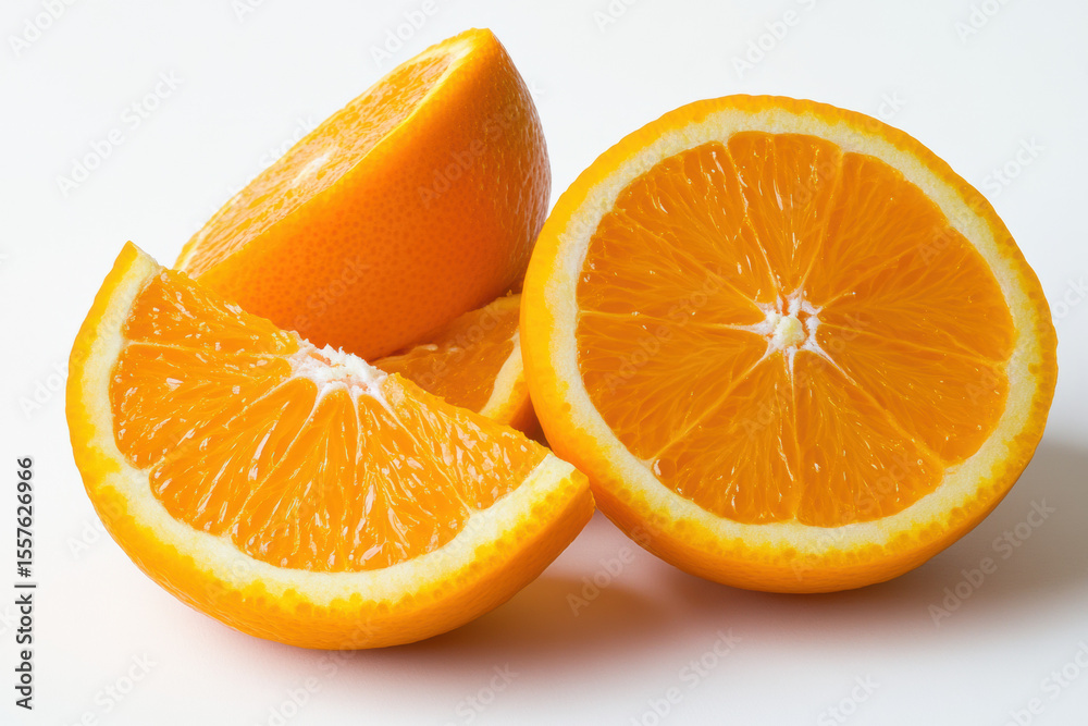 Fototapeta premium Freshly sliced oranges isolated on a clean white background, showing their juicy segments with bright color contrast. 