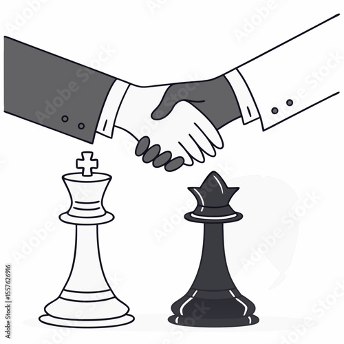 Two hands shaking above black and white chess king pieces agreement deal concept illustration handshake