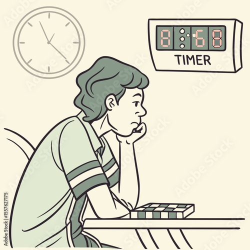 A pensive person with green hair sits at a table contemplating a game while a digital timer displays 868 and an analog clock is on the wall