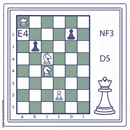 Algebraic Chess Notation Sheet Showing Initial Moves E4 N F3 D5 with White Queen and Black Pawn on Board Illustrated in Sage Green and White Squares with Dark Blue Outlines