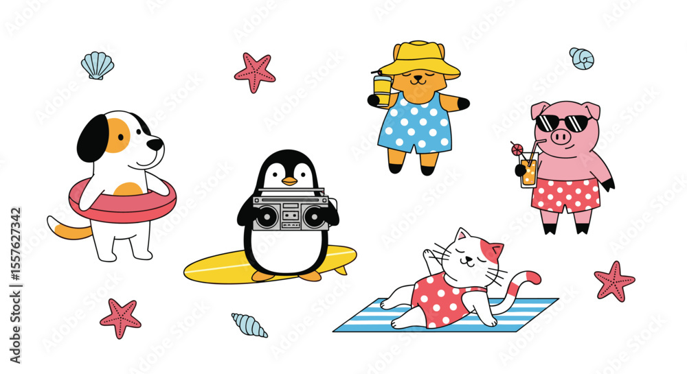 Fototapeta premium Adorable Animals Enjoying a Summer Beach Vacation with Fun Activities