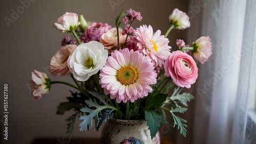 Wallpaper Mural A delicate floral bouquet of pink and white flowers in a vase by a window Torontodigital.ca