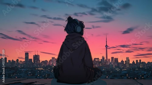 Girl sits atop a building overlooking a city at dusk wearing headphones