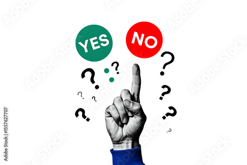 Hand pointing towards yes or no options surrounded by question marks isolated on a transparent background