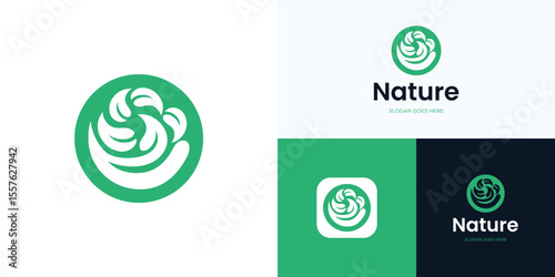 Hands holding green leaves in circle logo Icon design vector illustration elements, Ecology symbol environmental nature protection, Sprout in hand for organic agriculture and brand identity business