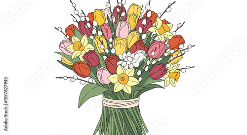 Vibrant Spring Flower Bouquet Celebration with Tulips Daffodils and Delicate Greenery
