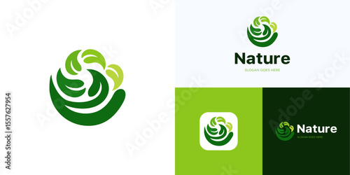 Hands holding green leaves for modern logo Icon design vector  illustration elements, Ecology symbol environmental nature protection, Sprout in hand for organic agriculture and brand identity business