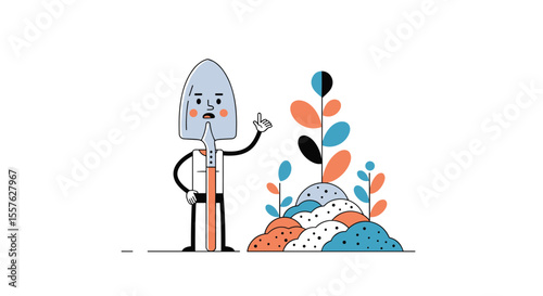 Gardening Tools Character Design with Plants and Dirt Mounds Illustration
