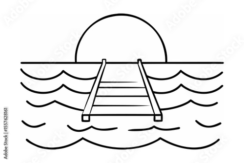 Pier leading to sun over water waves line art