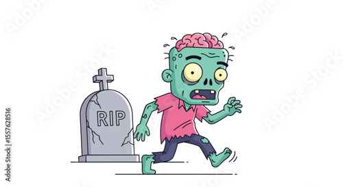 Cartoon Zombie Character Running From Graveyard Scene with Spooky Atmosphere