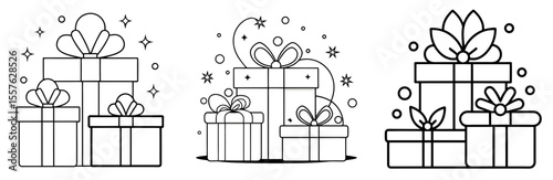Christmas Gift Boxes Coloring Book Page - Line Art Illustration