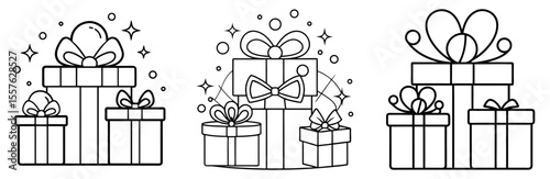 Christmas Gift Boxes Coloring Book Page - Line Art Illustration