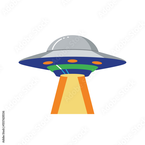 A classic flying saucer with a colorful light beam