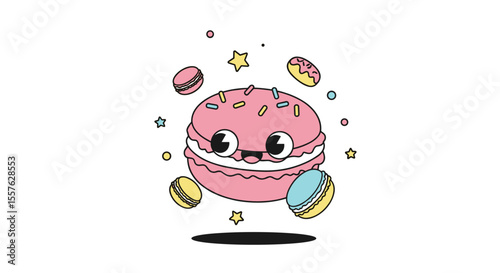 Adorable Pink Macaron Character Surrounded by Smaller Treats and Sparkles Delightful Pastry Art