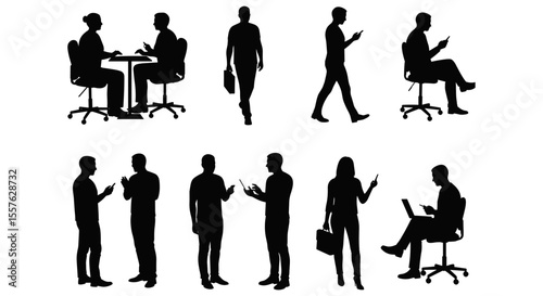 collection features 10 silhouettes of people talking, shaking hands, debating, using phones, and group discussions