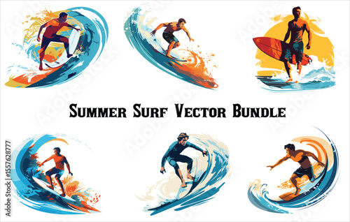 Summer holidays, Travel, Surfing, Beach, Labels and Badges , Surfing the tube, Surfers characters. People on boards dissect sea and ocean waves, beach sport, extreme athletes, profession and hobby,