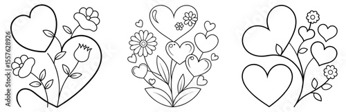 Hearts and Flowers Coloring Book Page - Line Art Illustration
