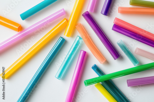 Group of multicolored plastic dowels scattered in random patterns on a clean white background.