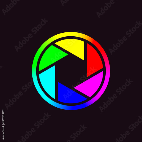 Camera aperture icon with primary and secondary colors. Vector illustration isolated on black background.