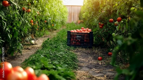 Harvest of ripe, red tomatoes in a vegetable garden with rows of tomato plants and crates filled with ripe produce, cultivated plants