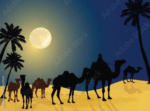 group of six camels in yellow heat desert