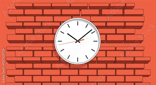 A Classic White Wall Clock Hanging Against a Textured Red Brick Wall with Dramatic Shadows