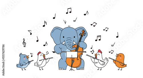 Cute Elephant Playing Cello with Cheerful Birds Singing a Lovely Melody