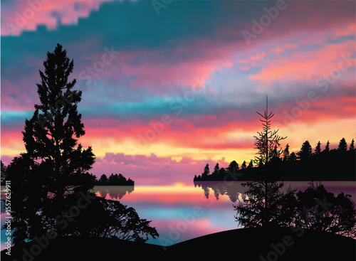 dark forest at lilac and pink sunset illustration