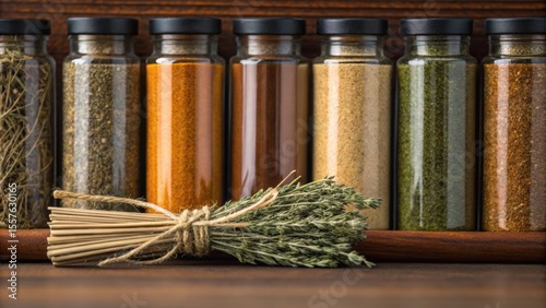 A collection of spice jars arranged neatly on a wooden shelf, showcasing various colorful spices and herbs, with a bundle of dried herbs in front.