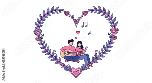 Romantic Couple Playing Guitars Together Inside Heart Garland
