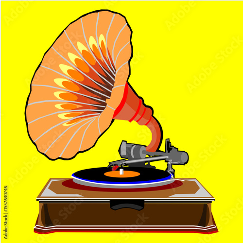 Vector illustration of a gramophone, a music player that uses vinyl records as its music storage medium