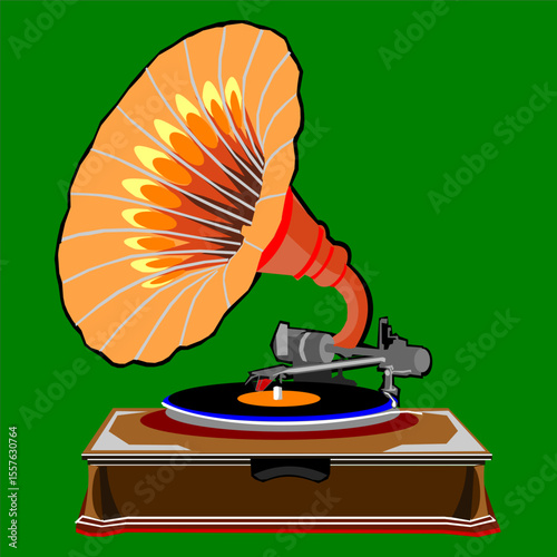 Vector illustration of a gramophone, a music player that uses vinyl records as its music storage medium