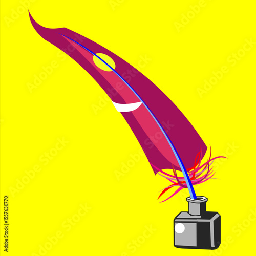 An illustration featuring a purple feather pen, rendered as a vector, sitting in an ink bottle