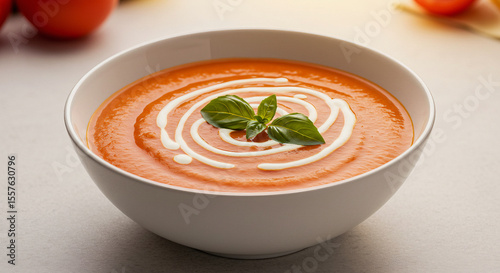Creamy Tomato Soup Bowl Isolated, Basil Garnish, Steaming Hot, White Background, Close-Up