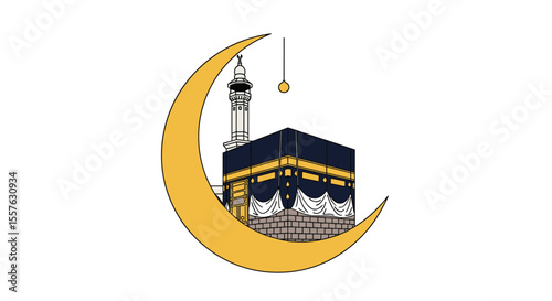 Iconic Islamic Symbol Featuring Kaaba and Crescent Moon for Religious and Cultural Representation