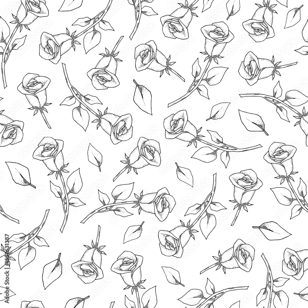 Fototapeta premium Vintage seamless pattern. Floral black and white background. Garden flowers roses.