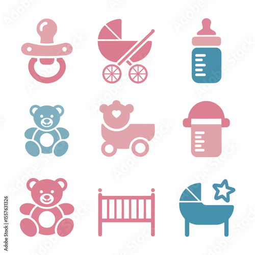 Baby care icons pacifier stroller bottle teddy bear crib