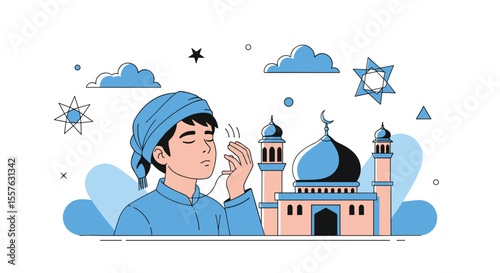 Young Boy Praying Before Majestic Mosque Under Starry Sky Celebrating Islamic Faith and Spirituality
